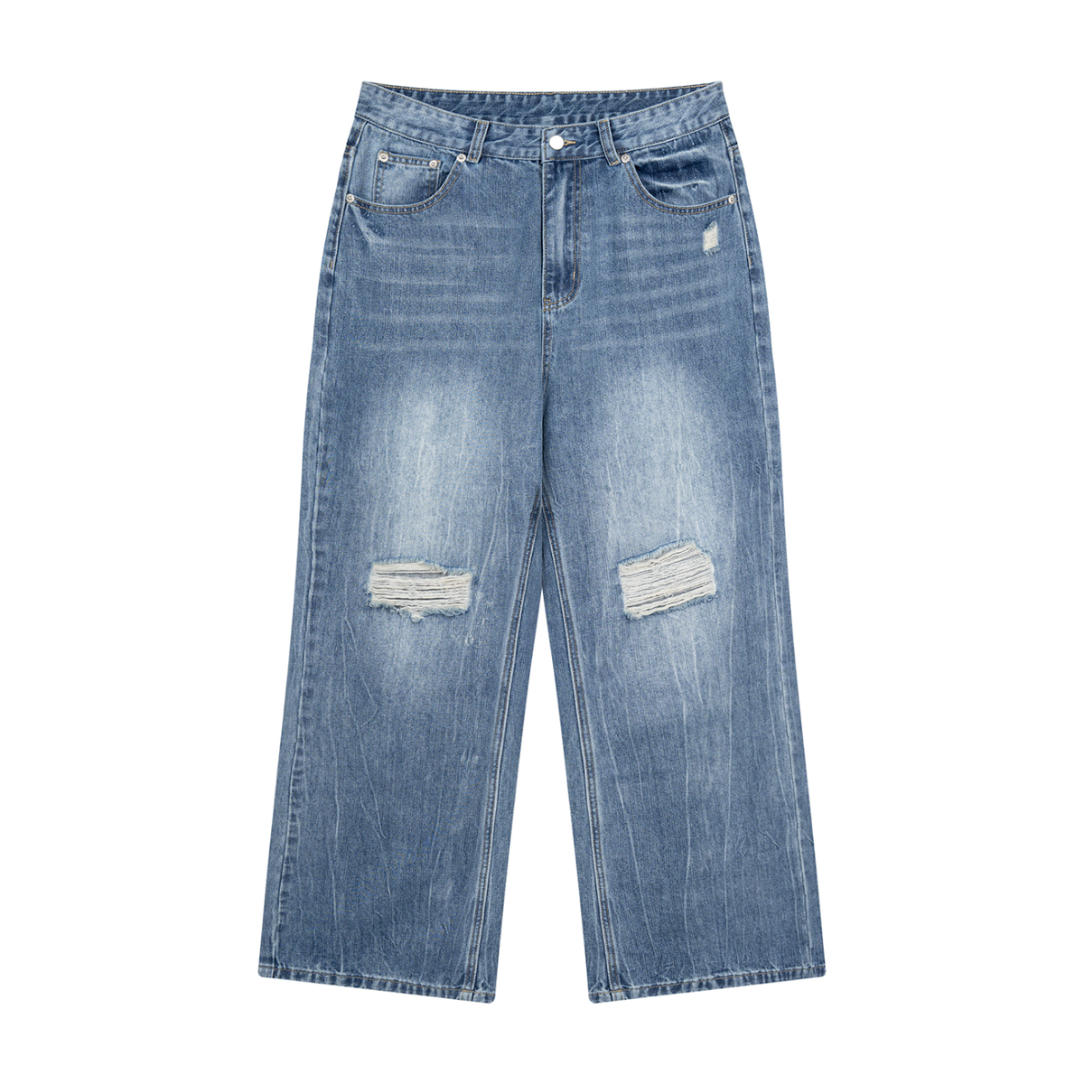 OV Distressed Straight Leg Denim Jeans
