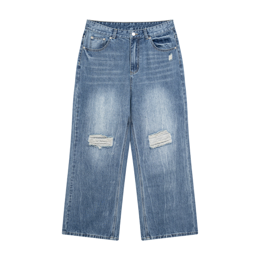 OV Distressed Straight Leg Denim Jeans